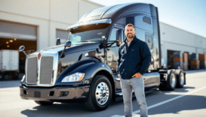 A confident solo truck driver stands proudly beside a shiny Class 8 semi-truck in front of a modern warehouse, showcasing the professional and successful life of trucking. The bright daylight highlights the driver's clean gear, symbolizing the lucrative positions available in the industry for skilled company drivers.