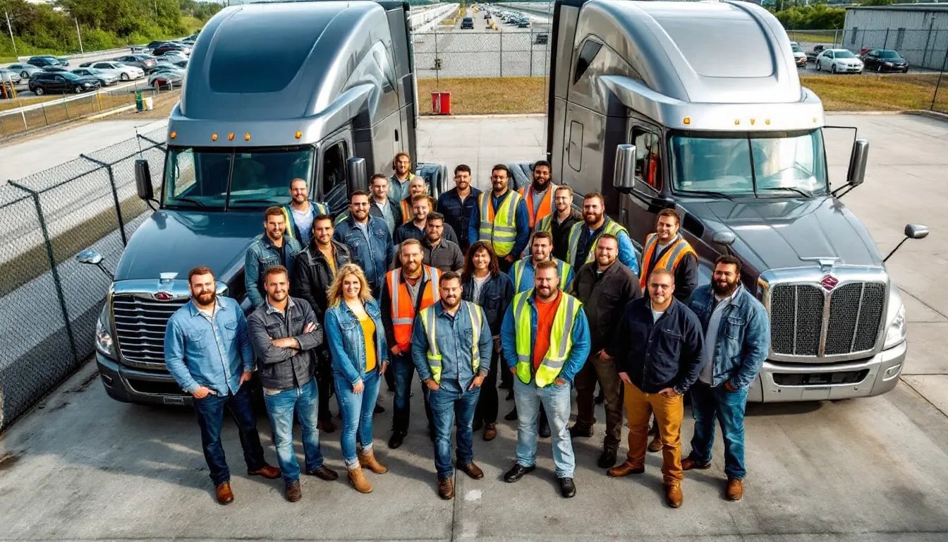 A diverse group of professional truck drivers stands proudly next to their modern commercial vehicles, showcasing their commitment to transporting freight safely and efficiently. This image highlights the teamwork and skills of drivers who operate various trucks, including straight trucks and tractor trailers, as they pursue rewarding driver jobs with great benefits and competitive pay.