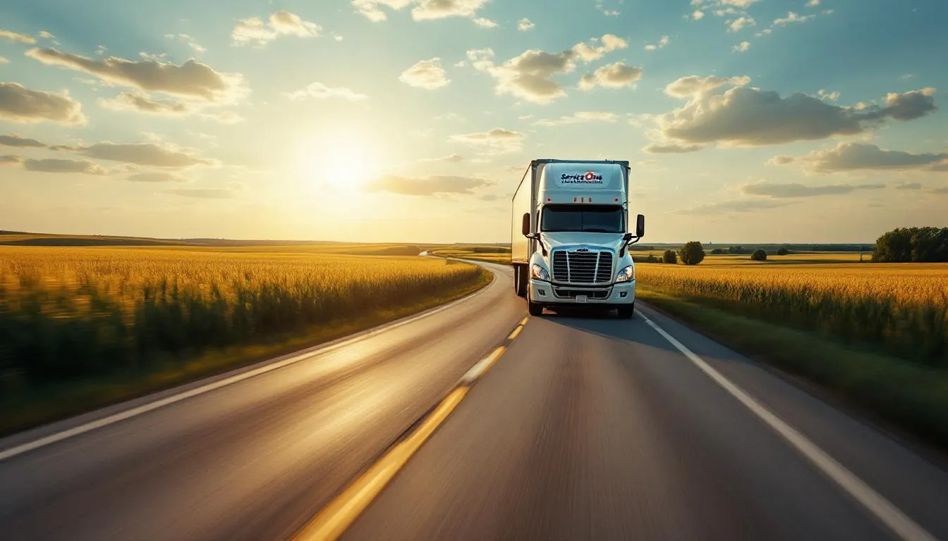 A Service One Transportation truck is seen driving through a picturesque Midwest landscape, showcasing the beauty of the region while highlighting the essential role of regional truck drivers in connecting customers and transporting freight. The scene emphasizes the trucking career opportunities available, including competitive pay and the benefit of home time for drivers.
