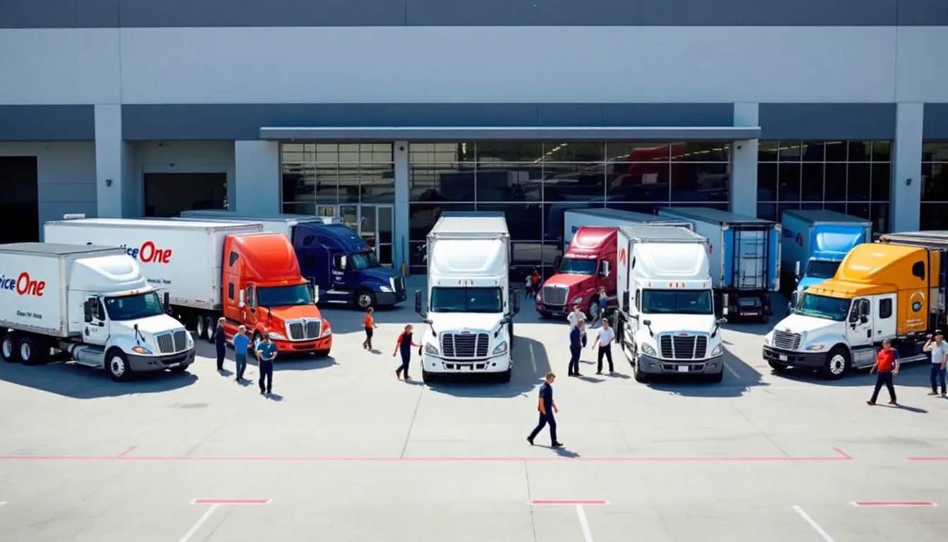 The image shows a fleet of Service One trucks parked at a modern terminal facility, with a diverse group of drivers walking nearby, embodying the essential role of professional drivers in the trucking industry. This scene highlights the importance of truck driving jobs in transporting freight and the supportive environment offered by great companies, including competitive pay and benefits.