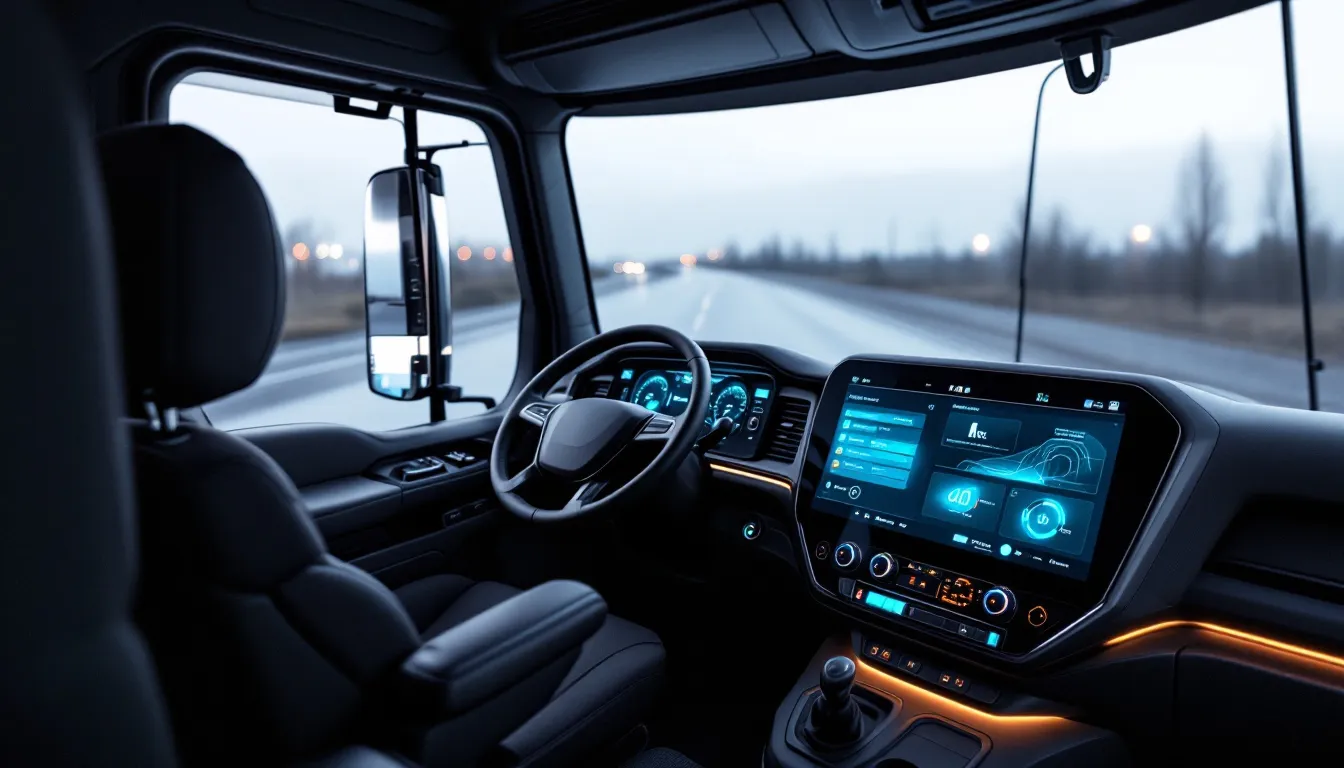 The image depicts a modern truck cab interior, showcasing advanced safety technology and features designed for driver comfort, essential for professionals in truck driving jobs. This ergonomic setup highlights the importance of safety and efficiency for transporting freight, making it ideal for those pursuing a career in the trucking industry.