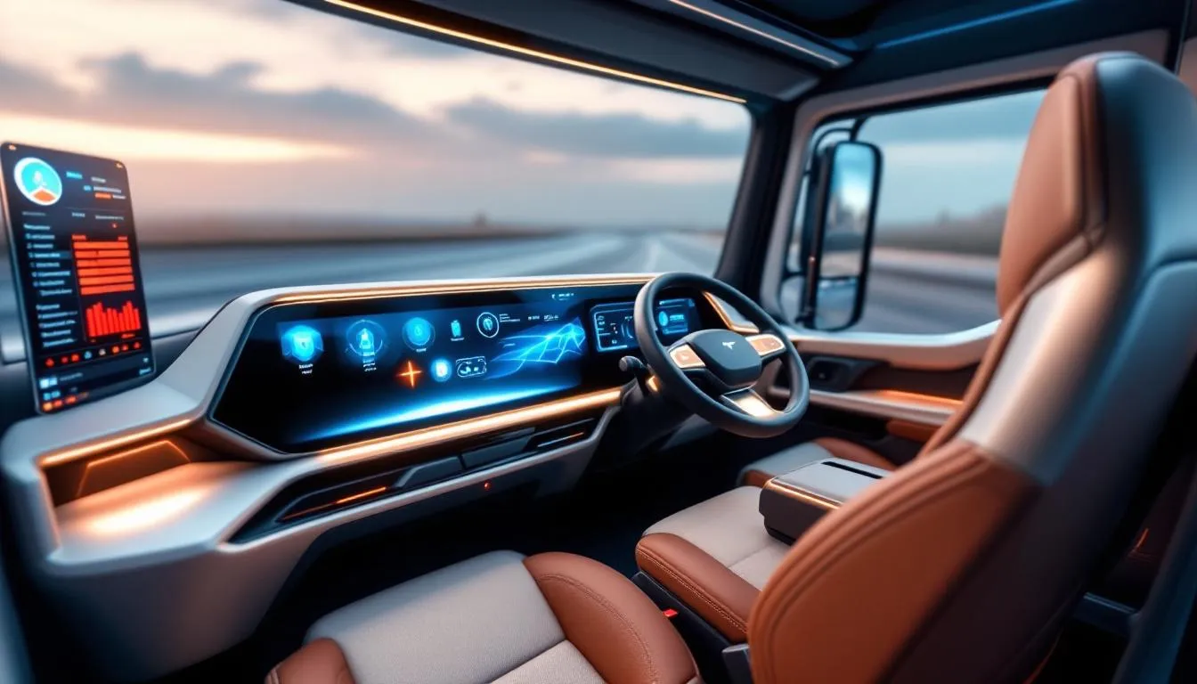 The image depicts a modern truck cab interior, showcasing advanced technology such as a digital dashboard and comfortable seating designed for regional truck drivers. The amenities provide a welcoming environment for solo drivers, emphasizing the importance of comfort and efficiency in their trucking career.