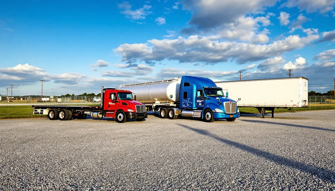 The image features a diverse group of commercial trucks, including flatbed, tanker, and dry van trailers, showcasing the variety of vehicles used in the trucking industry for transporting freight. These trucks are essential for professional drivers seeking stable jobs with competitive pay and great benefits.