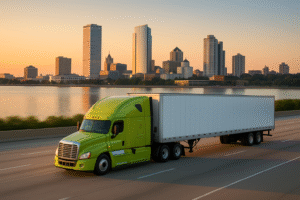 Green truck driving near Milwaukee city skyline
