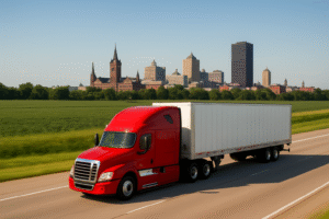 Red Semi-Truck on Midwest Highway