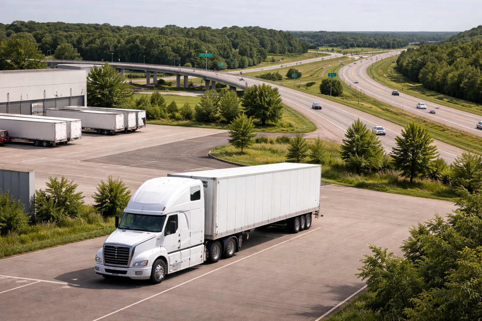 Semi truck staged near a Wisconsin highway interchange, illustrating local vs regional trucking jobs in Wisconsin and route flexibility for professional drivers.