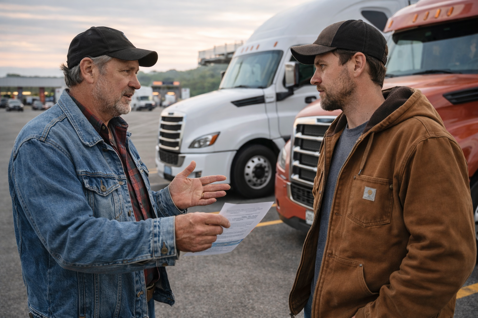 Experienced truck driver sharing insights with colleague to help evaluate company culture at different carriers before job change