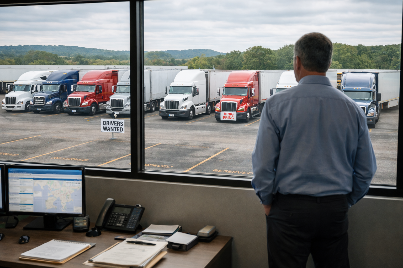 Empty semi-trucks parked at terminal yard demonstrating the cost of driver turnover in trucking operations experience with high vacancy rates