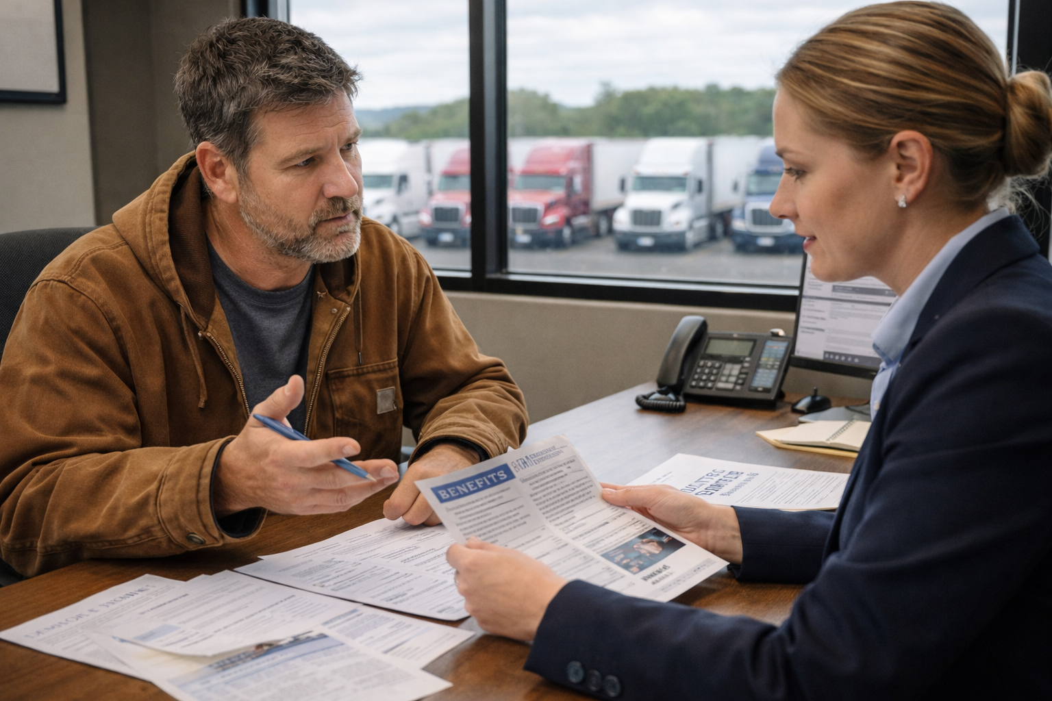 Two people having a professional conversation in a modern trucking company office - a truck driver candidate in casual work clothes sitting across desk from a female recruiter, both looking at documents and discussing job details. Office has windows showing trucking terminal in background, professional business setting, natural office lighting. The driver is asking questions while recruiter explains company policies. Photorealistic style, professional business photography, depth of field, realistic expressions showing serious career discussion.