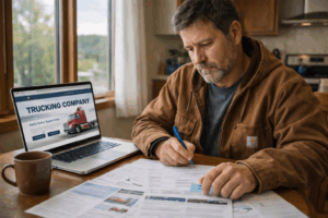 Professional truck driver researching and evaluate company culture before applying to new trucking jobs at home office