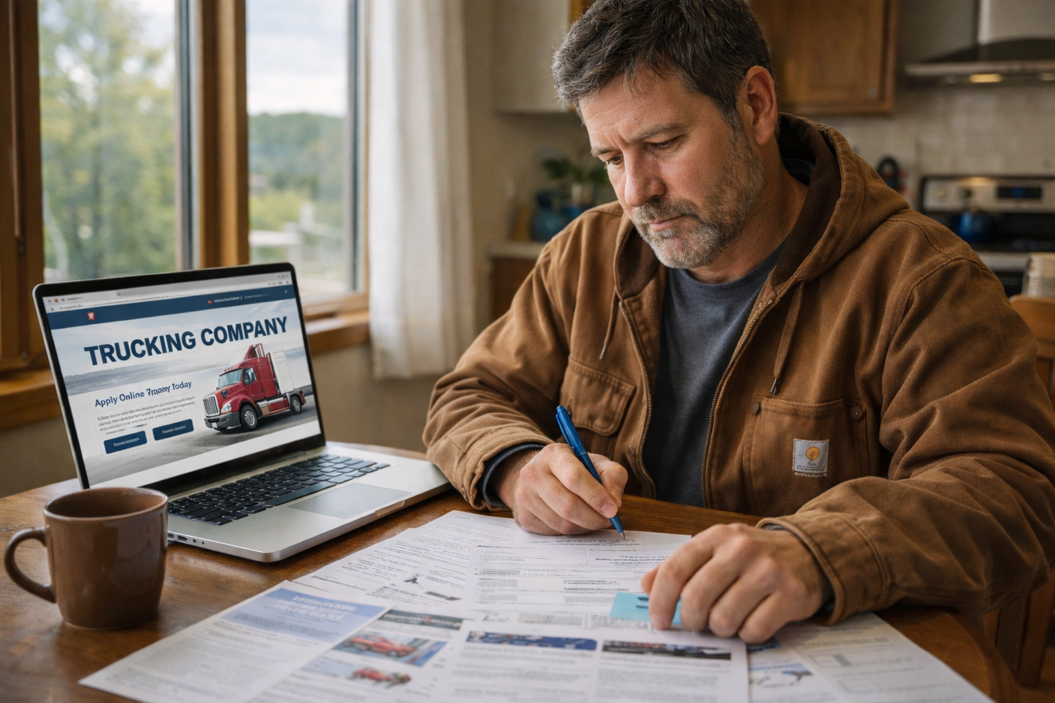 Professional truck driver researching and evaluate company culture before applying to new trucking jobs at home office