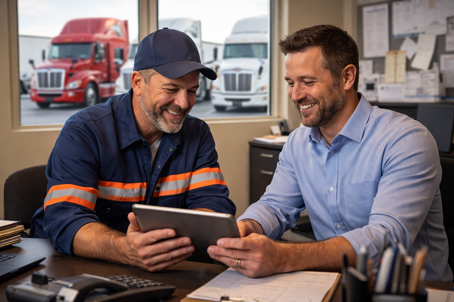 Truck driver discussing routes with management at a Family-Owned Trucking Company showing direct communication
