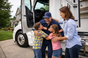 Truck driver reuniting with family showing work-life balance in Truck Driving Careers With Long-Term Stability
