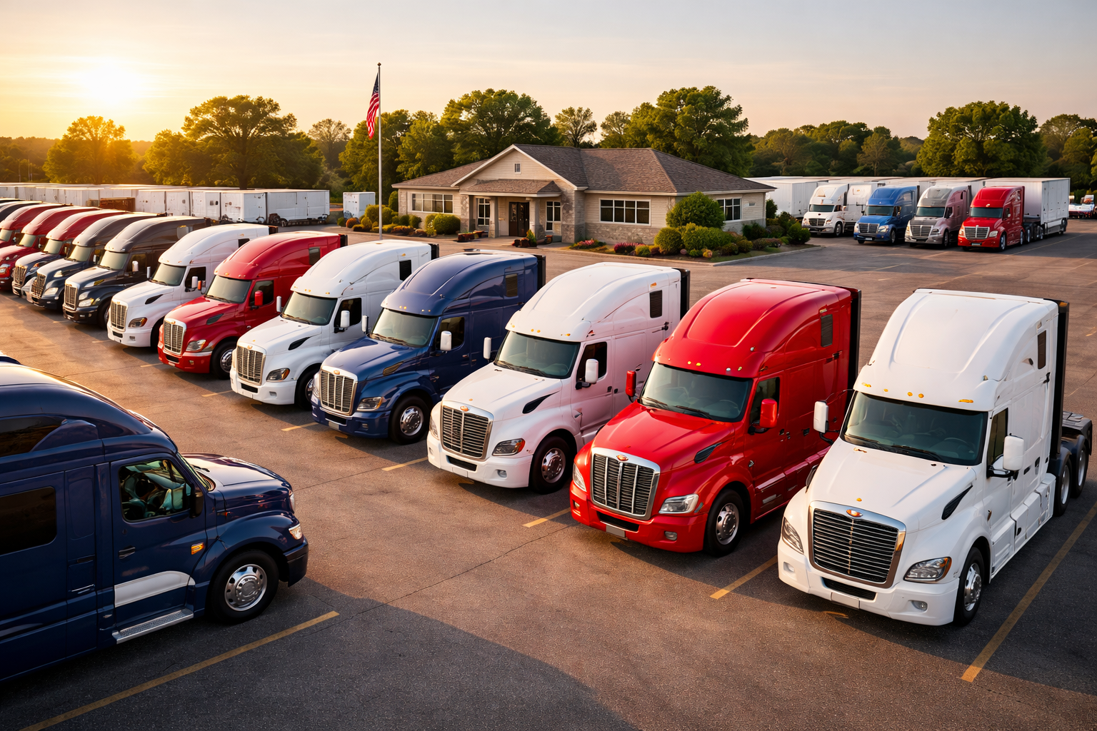 Well-maintained semi-truck fleet at a Family-Owned Trucking Company emphasizing equipment quality and reliability