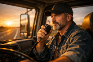 Professional truck driver in cab using mobile device — dispatch communication impacts driver satisfaction on the open highway