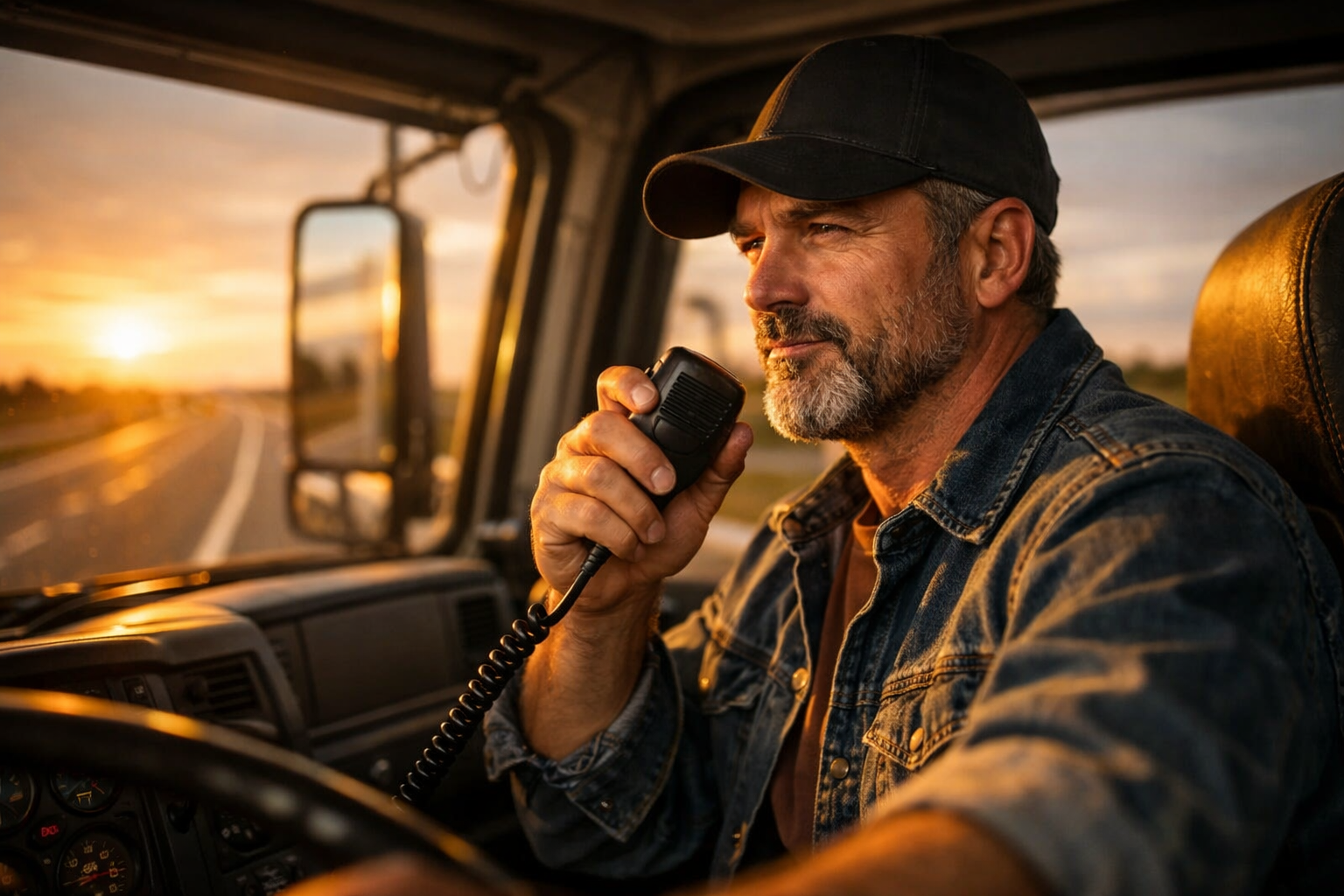 Professional truck driver in cab using mobile device — dispatch communication impacts driver satisfaction on the open highway