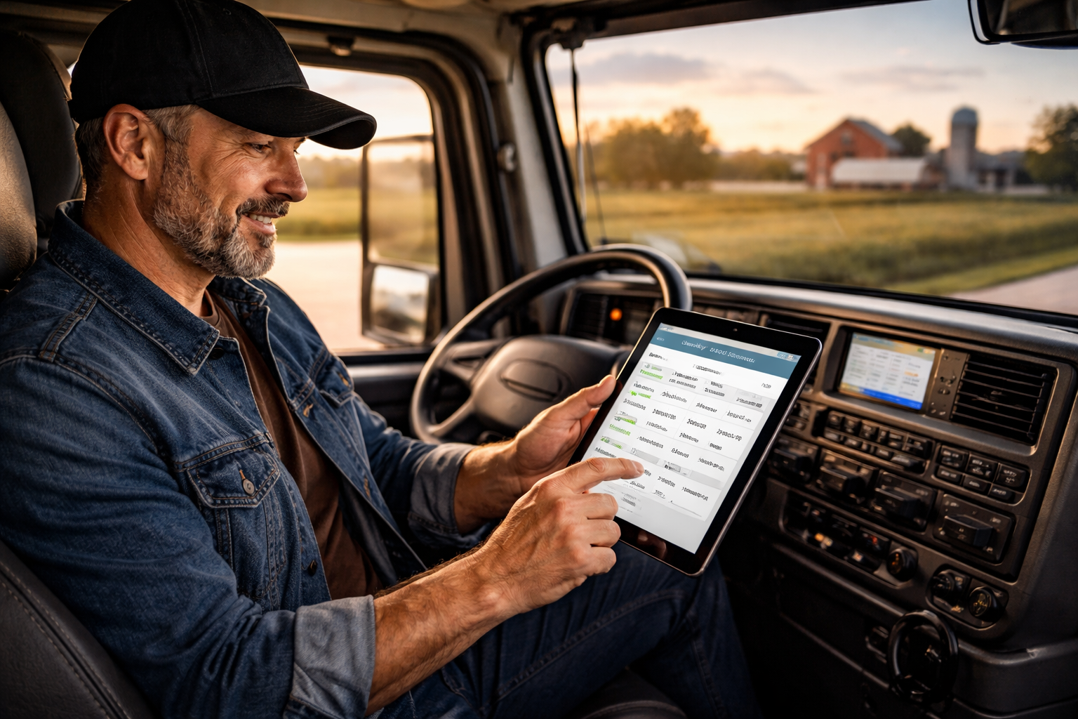 Truck driver reviewing consistent load schedule on tablet — predictable freight matters for steady income and daily planning