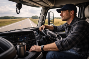 Professional truck driver career planning — driver looking ahead at open highway from semi-truck cab