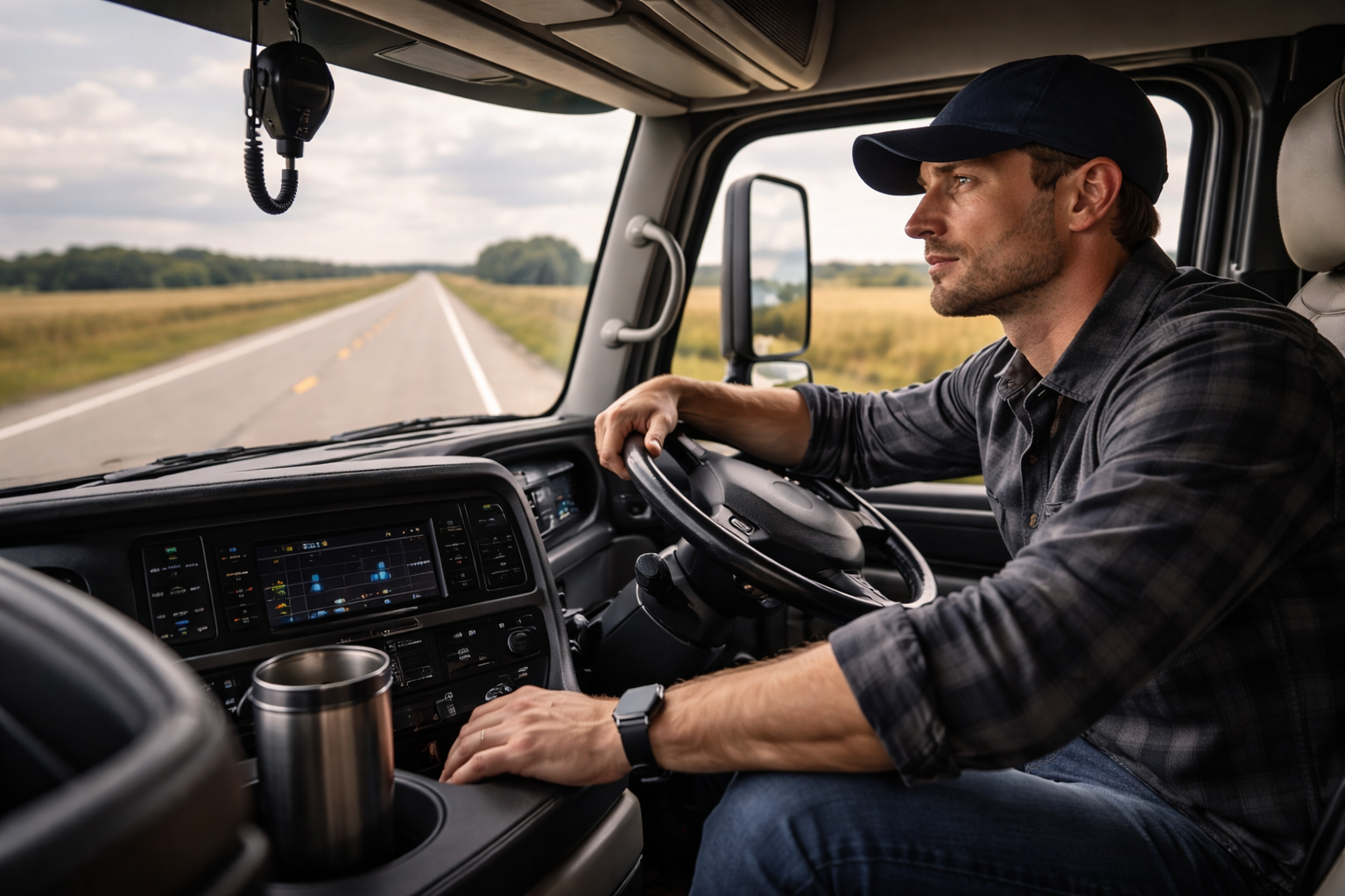 Professional truck driver career planning — driver looking ahead at open highway from semi-truck cab