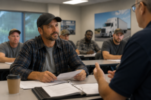 New truck drivers attending carrier orientation — part of what professional drivers should expect during their first 90 days on the job
