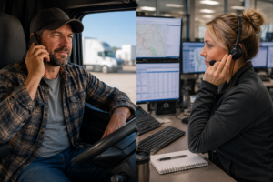 Driver and dispatcher communicating in real time — representing the two-way trust between truck drivers and dispatchers that supports safety and job satisfaction.