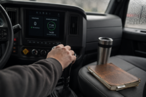 Semi-truck dashboard showing HOS compliance at rest stop — Truck Driving Jobs That Prioritize Safety Over Speed